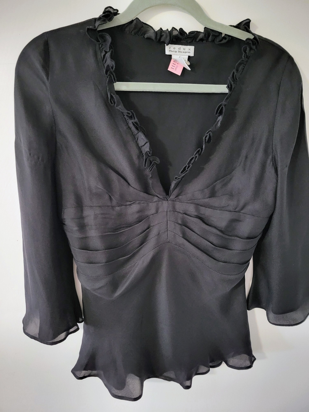 Philip DiCaprio Black Silk Ruffled V-Neck Pintuck Blouse, Size 6 - Picture 4 of 9